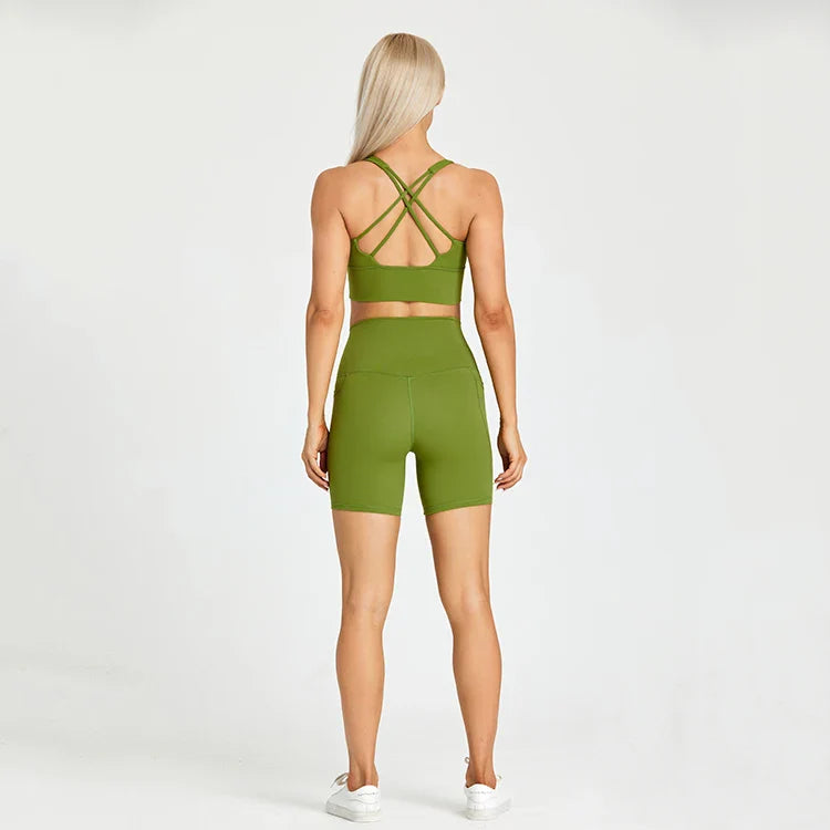 ABS LOLI Pockets Yoga Shorts Set Women Fitness Suit 2 Piece Sports Gym Wear Workout Clothes Running Sportswear Sport Outfit chili green