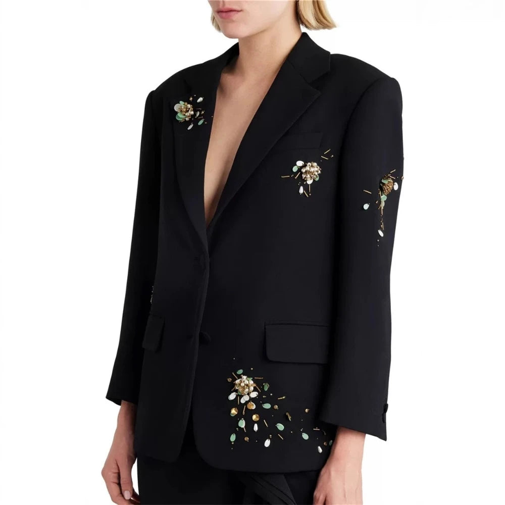 TWOTWINSTYLE Spliced Bead Two Piece Sets for Women Lapel Long Sleeve Patchwork Single Breasted Top High Waist Skirt Set Female