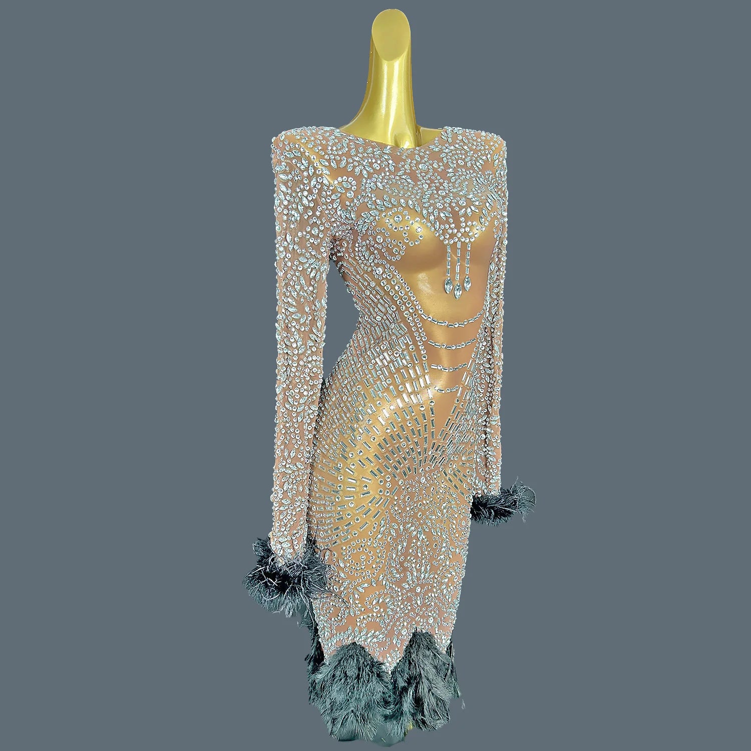 Women's High-end Clothing Dinner Party Sparkly Rhinestone Evening Dress Mesh Feather Dress Bodycon Club Prom Maxi Dress Pangxie