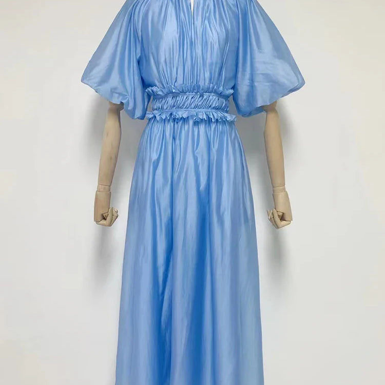 VGH Tie Dye Slim Dress Female Stand Collar Puff Half Sleeve High Waist Spliced Ruffles A Line Long Dresses Female Summer Clothes