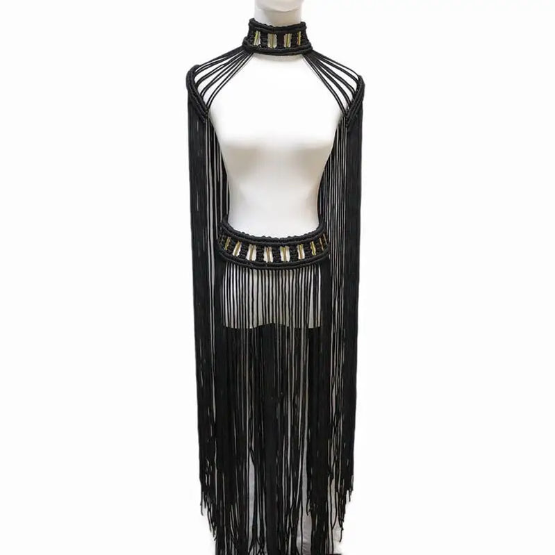 Tassel Hand Crochet Knitted Women Bikini Cover Ups 2023 Summer Holiday Beach Bathing Suit Sexy Hollow Out Skirts Matching Set A02black One Size