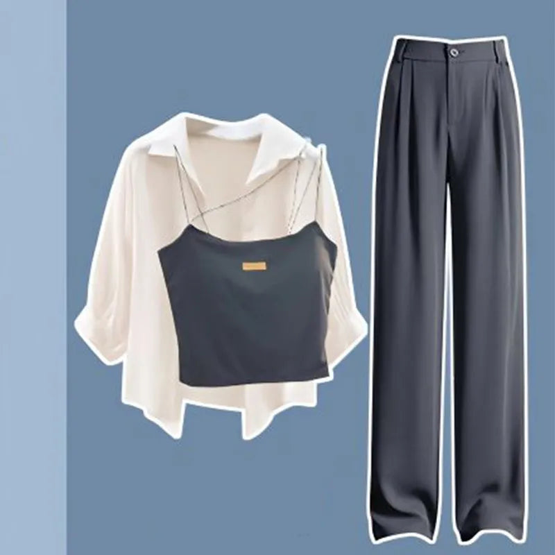 Large Women's Summer Set 2023 New Fashionable Shirt with Hanging Straps and Wide Leg Pants Three Piece Set Y2k Clothes Women Three piece set 1 1