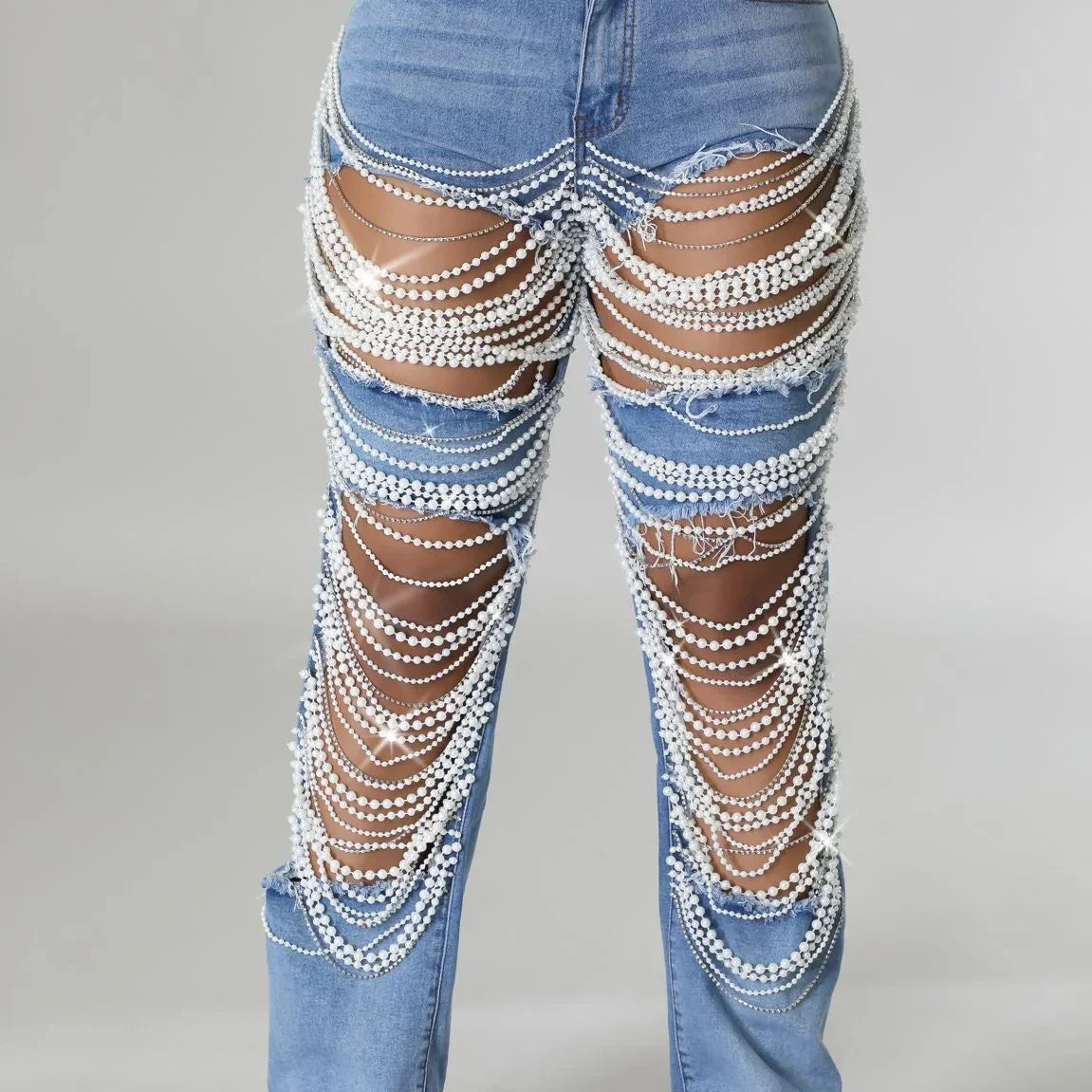 CM.YAYA Women Fashion Pearl Beading Ripped Hollow Out Tassel Wide Leg Jeans 2024 New Summer INS Street Denim Pants Trousers