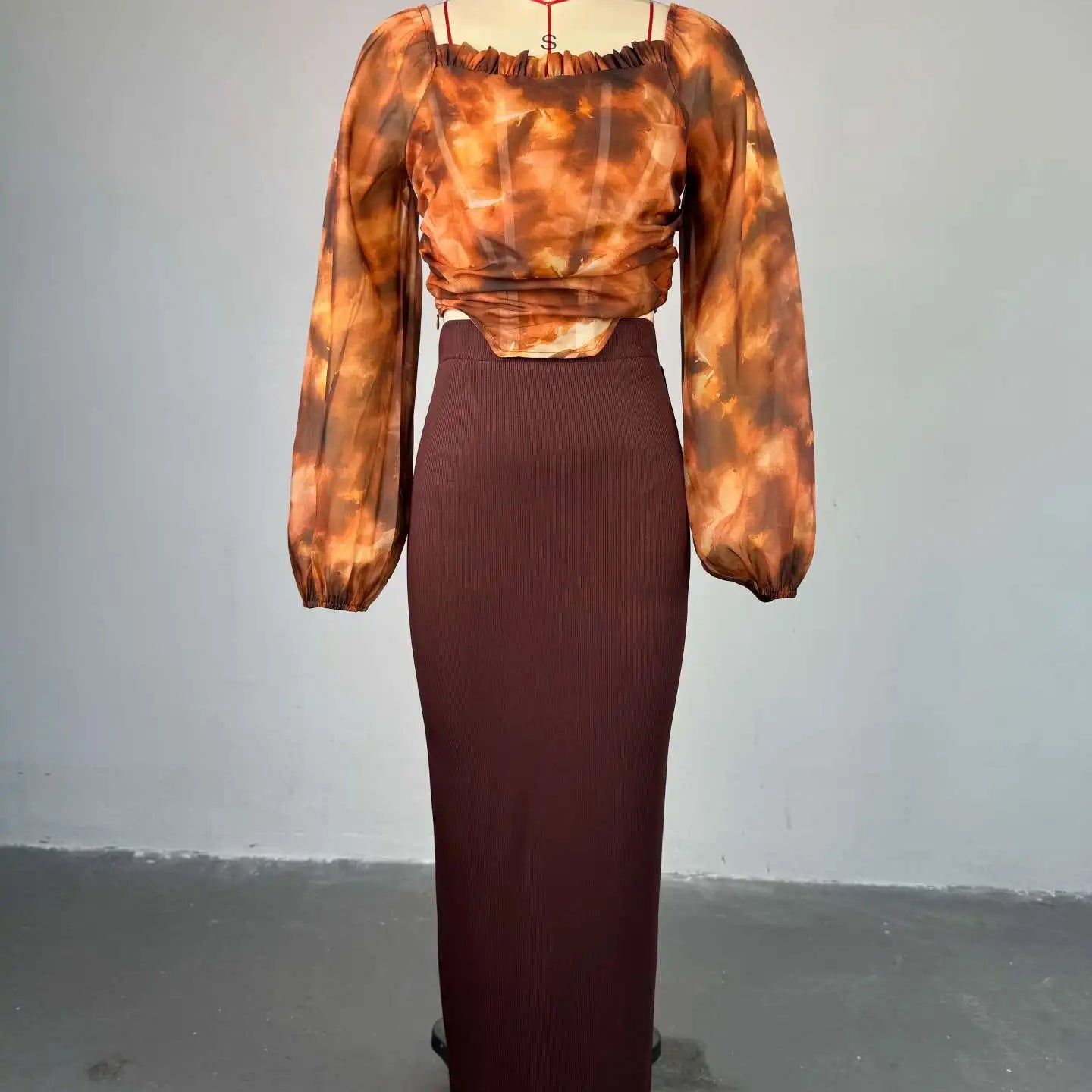 CM.YAYA Fashion Elegant Mesh Printed Women Set Street Tops + High Waist Long Skirts Suits Party Birthday Two 2 Piece Sets Dress