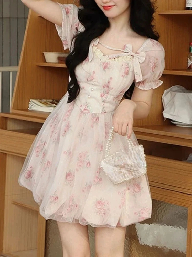 Elegant and Chic Women Casual Print Mini Dress Vintage Slim A-Line Party Birthday Prom Dresses Female French Style Robe Summer