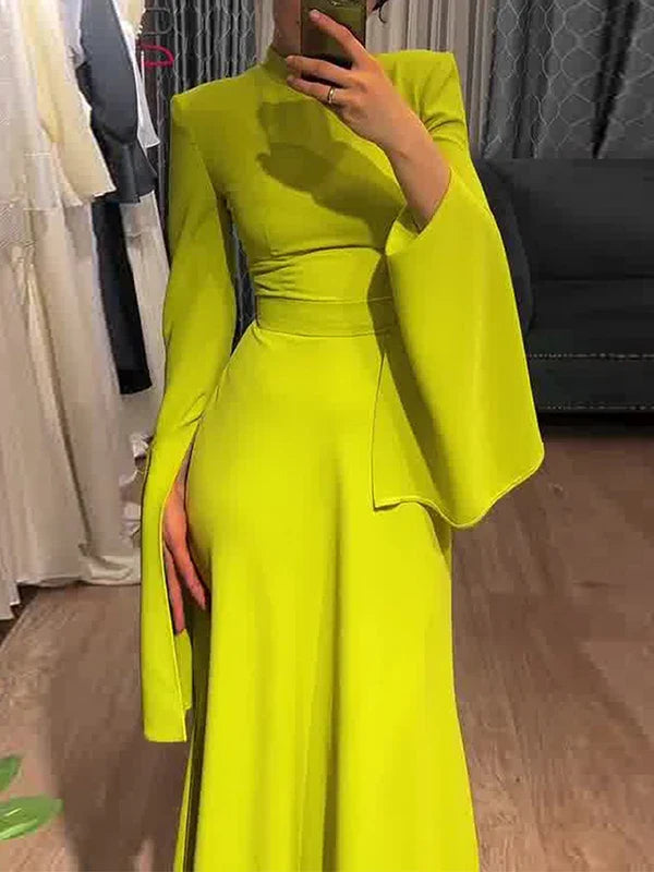 Onecozyday New Women Elegant Evening Dresses Ruffled Sleeve Turtleneck High Waisted Slim Fit Pleated Floor Length Dress Yellow Green