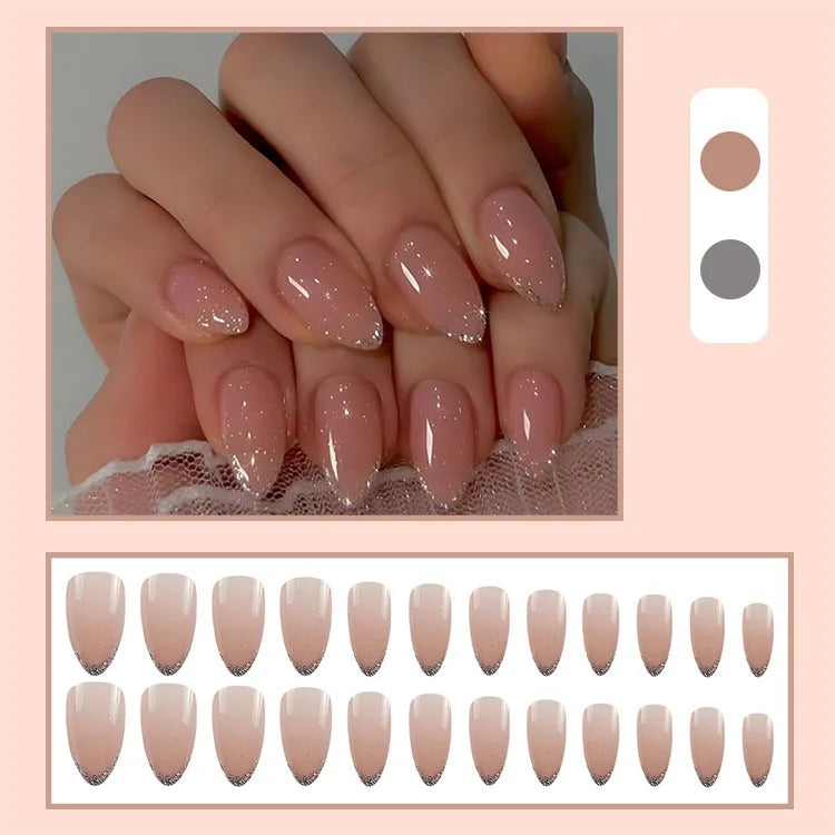 24pcs/set Short Medium fake nails for women girls gradient shiny glitters heart french Square almond tips Press on false nail