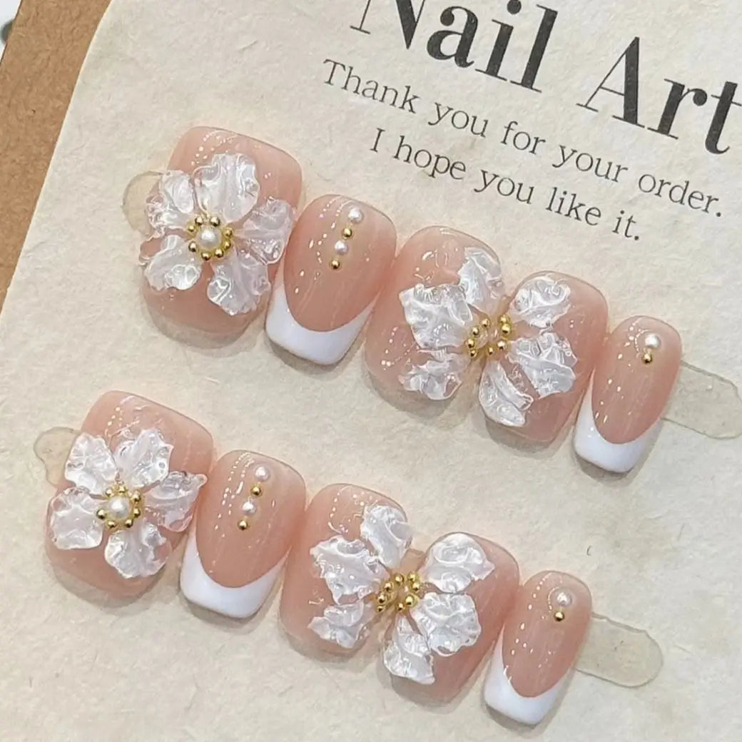 10Pcs Nude 3D Ice Flower Fake Nails White Edge French Manicure Pearl Fashion Handmade Wearable Light Luxury Full Cover Press On