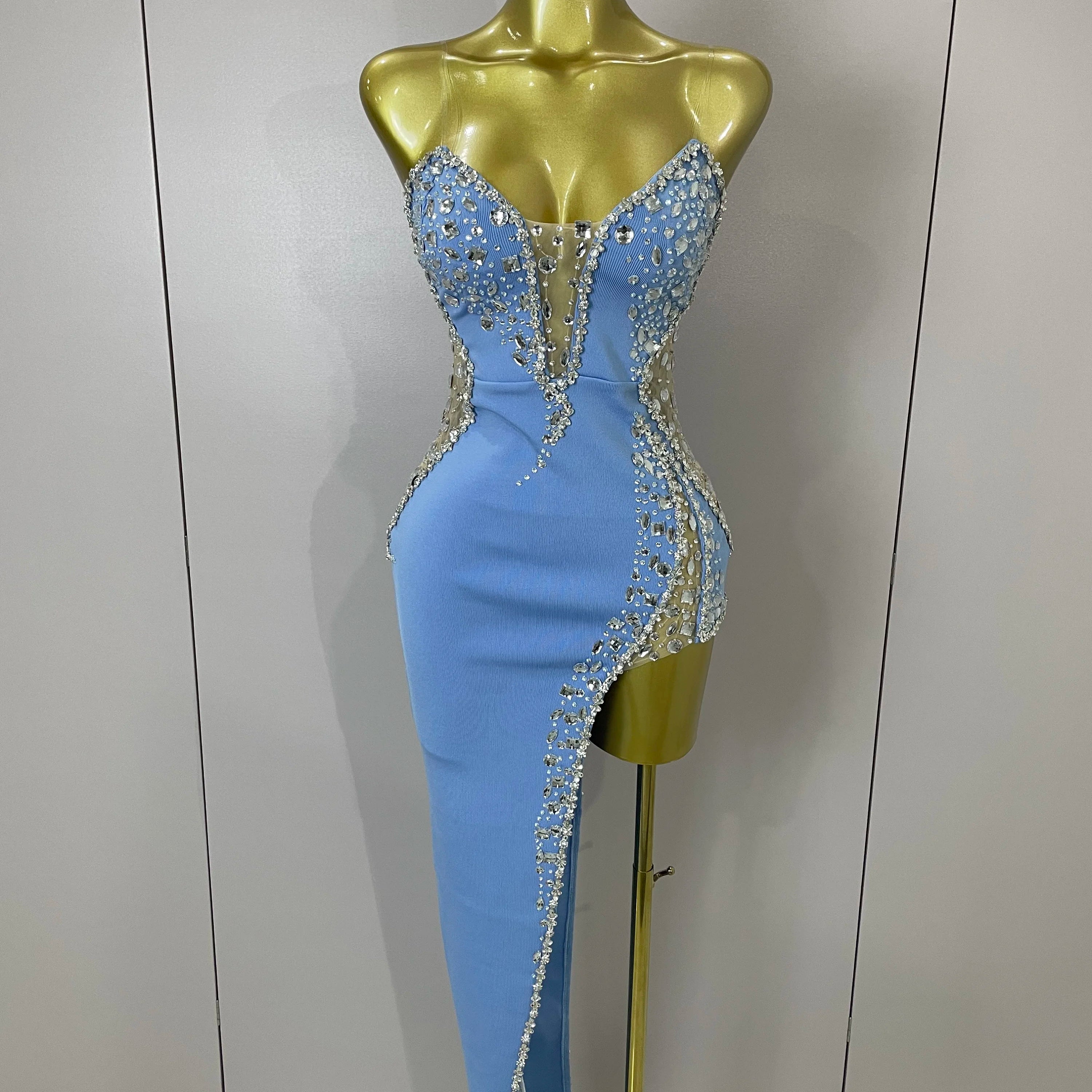 Newest High Quality Sexy Strapless Shinning Rhinestones Bodycon Bandage Long Dress Women Fashion Celebrate Evening Party Vestido