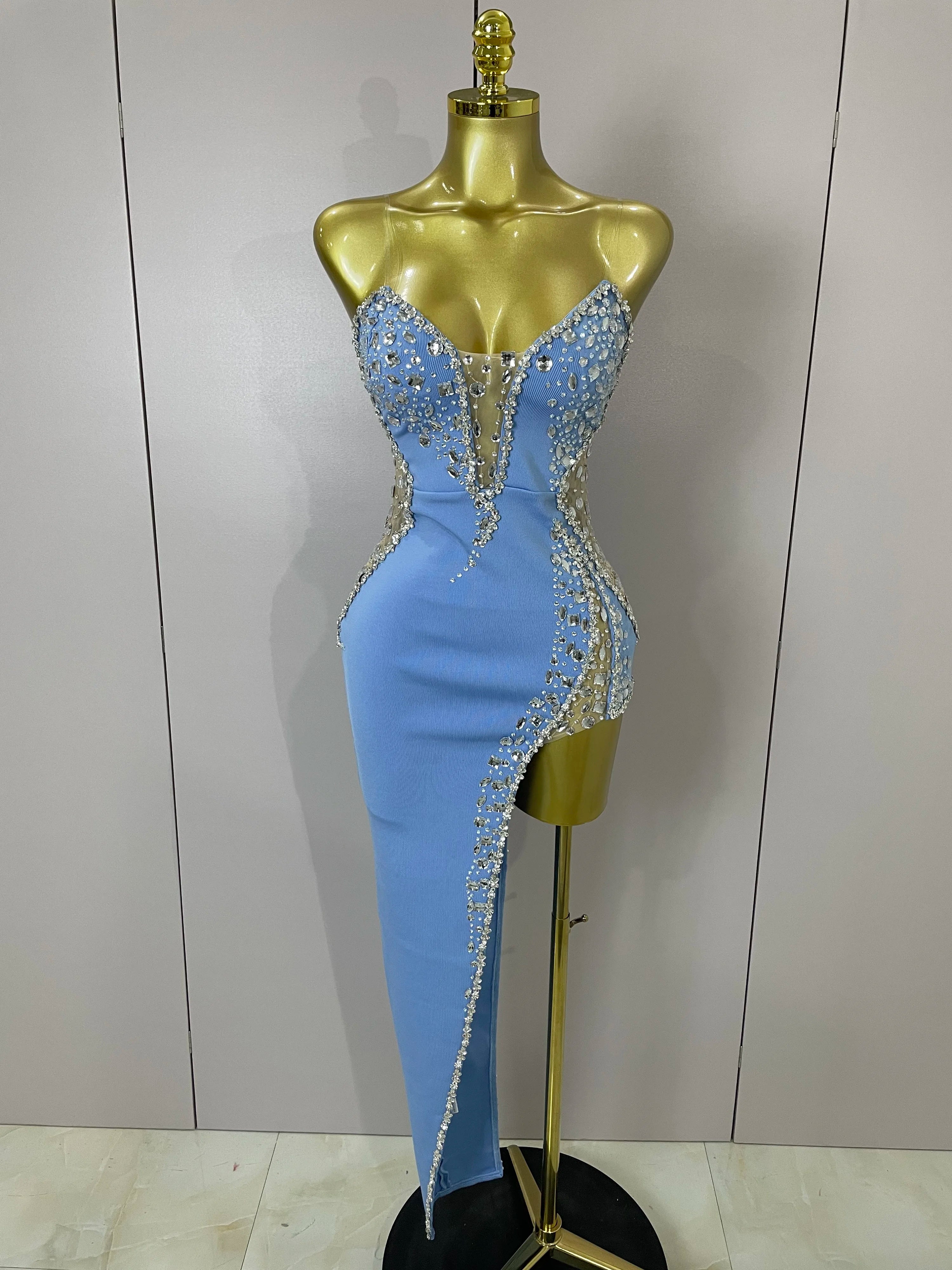 Newest High Quality Sexy Strapless Shinning Rhinestones Bodycon Bandage Long Dress Women Fashion Celebrate Evening Party Vestido