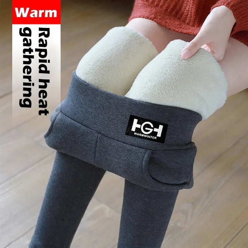 Vinterkvinner leggings solide varme leggings tykne lambwool høye midje fleece holder rumpa heis høye tøyelige gangbukser lomme