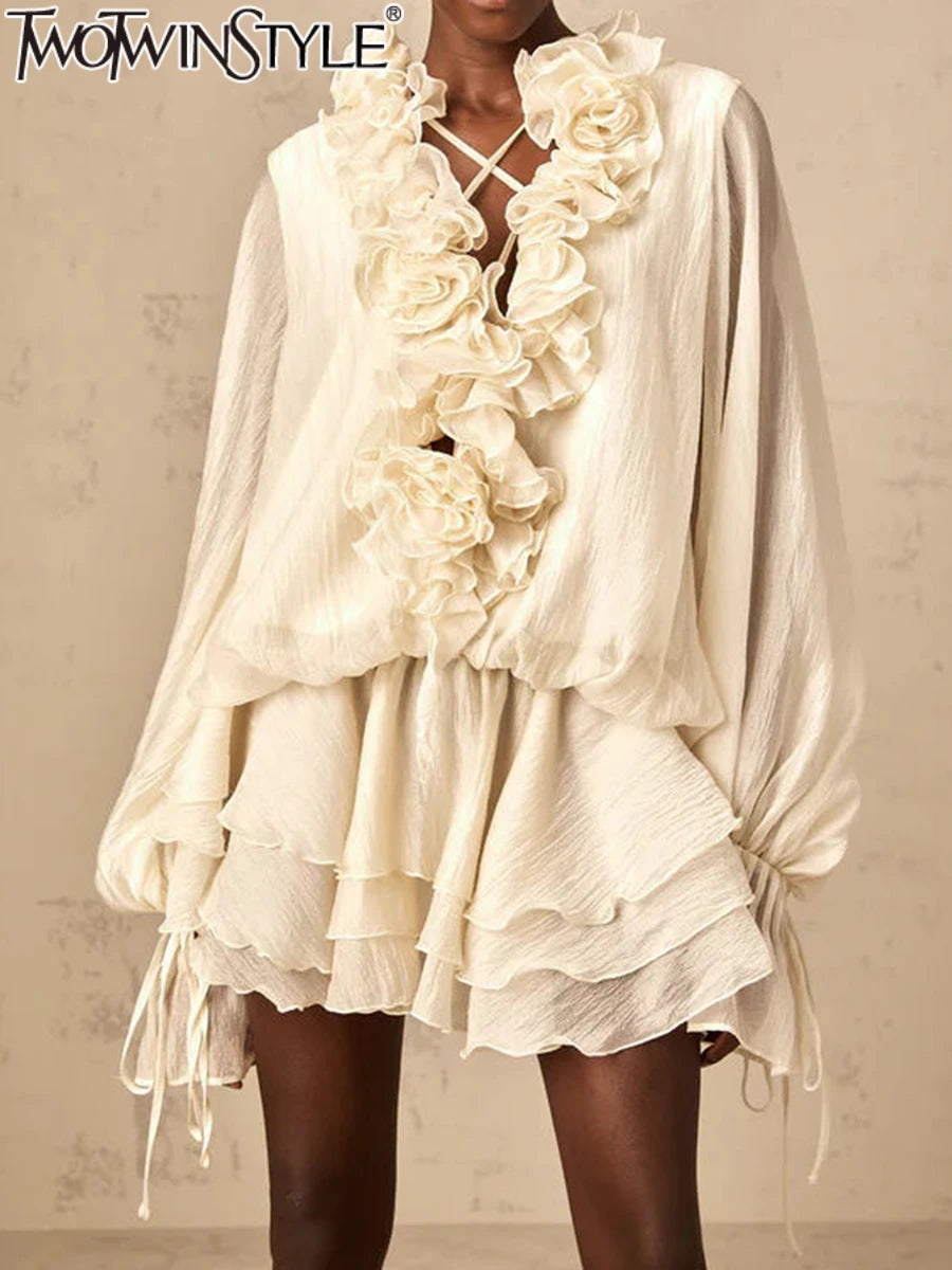 TWOTWINSTYLE Solid Loose Spliced 3D Flowers Dresses for Women V Neck Long Sleeves Patchwork Ruffles Fold Dress Female Clothing