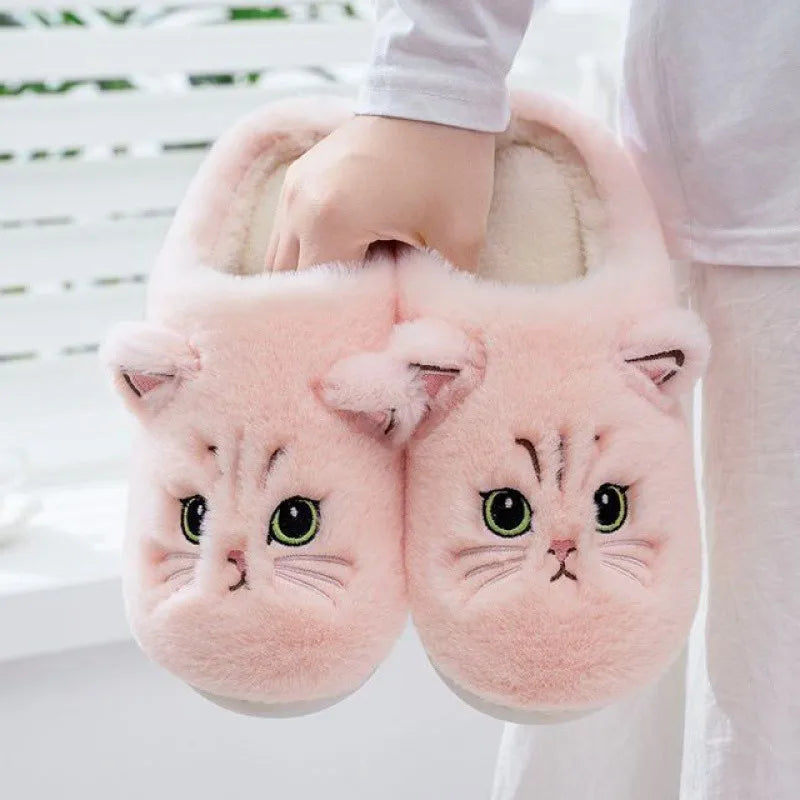 Lovely Cute Cat Slippers Fluffy Furry Women Home Platform Slippers Men Winter Plush Slides Indoor Fuzzy Slippers Cotton Shoes StyleA-Pink