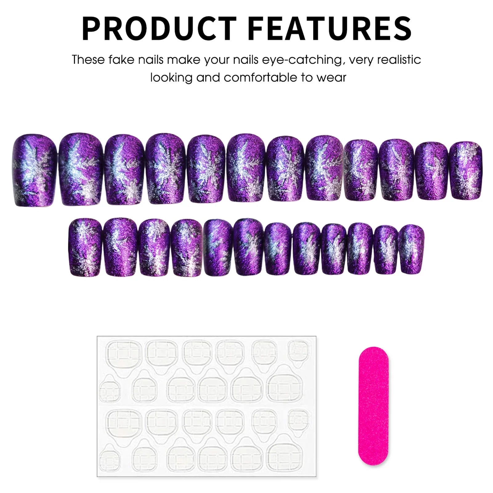 24Pcs Glossy Purple Fake Nails White Snowflake Printed Square Press On Nails Women Christmas Party False Nails DIY Manicure