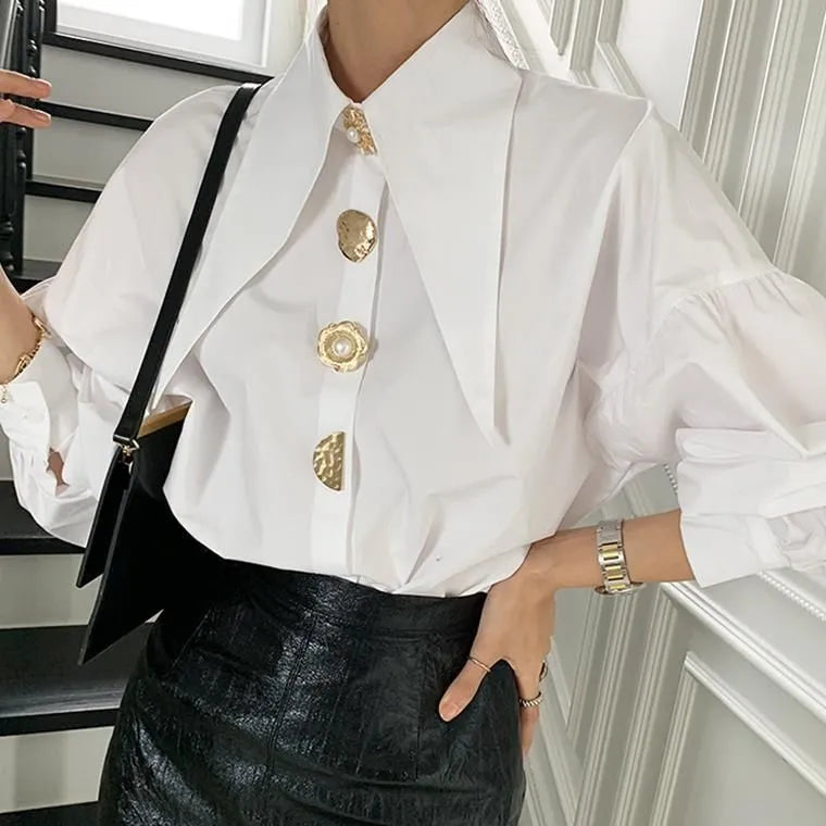Comfort Women's Shirts Sharp Corner Lapel Fashion Lady Blouses Korean Style White All-match Long-sleeved Tops Autumn white