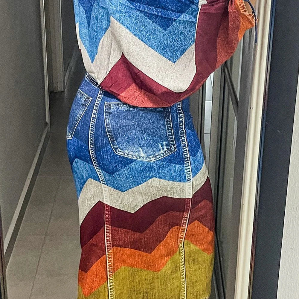 Plus Size Daily Blue Colorblock Round Neck Half Sleeve Split Denim Two Piece Skirt Sets