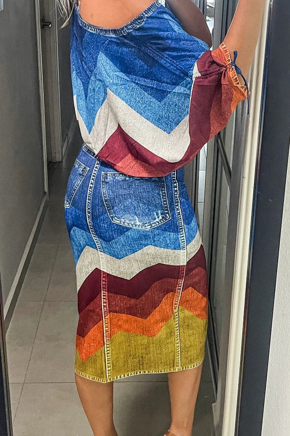 Plus Size Daily Blue Colorblock Round Neck Half Sleeve Split Denim Two Piece Skirt Sets