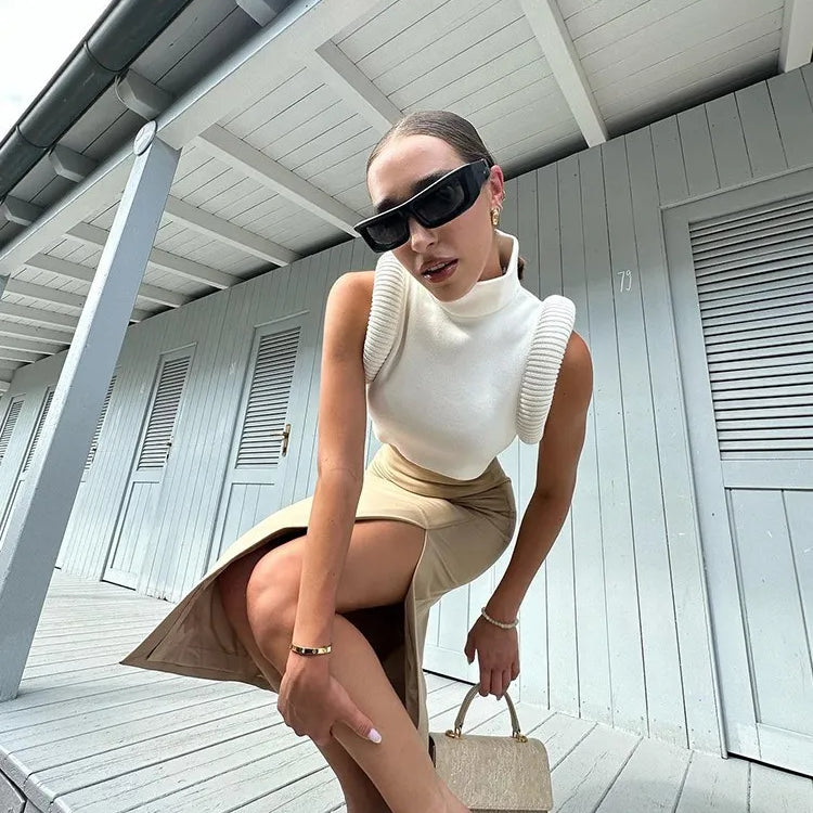 Weird Puss Feather Spliced Women Crop Tops Sleeveless Turtleneck Sexy Basic Vest Summer Hipsters High Street Y2K Rave Partywear