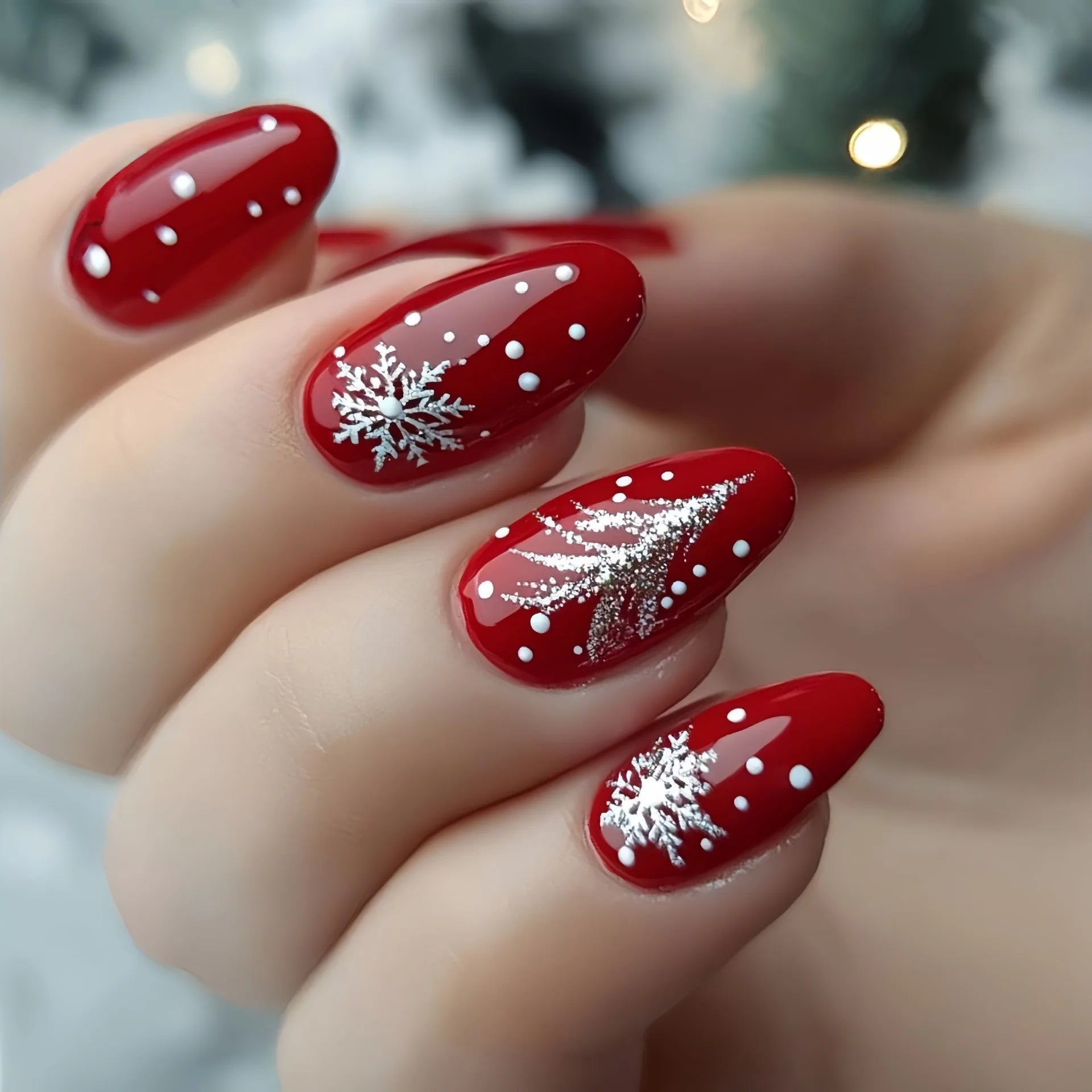 24pcs Christmas Red False Nails Flower Bow Stick on Nail Gilded Snowflake Design Long Almond Fake Nail Wearable Press on Nails