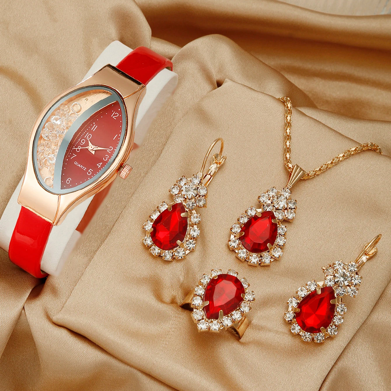 5pcs Set Watches Women Leather Band Ladies Watch Simple Casual Womens Analog WristWatch Bracelet Gift Montre Femme Red