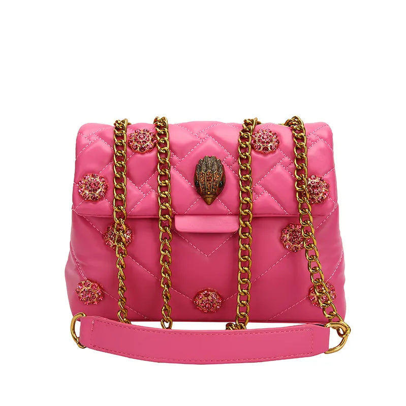 Summer Eagle Head Chain Crossbody Bags for Women UK Brand Designer Fashion Trend Handbag PU Shoulder Bag Diamond Flower Bag rose Red 23X17X7CM