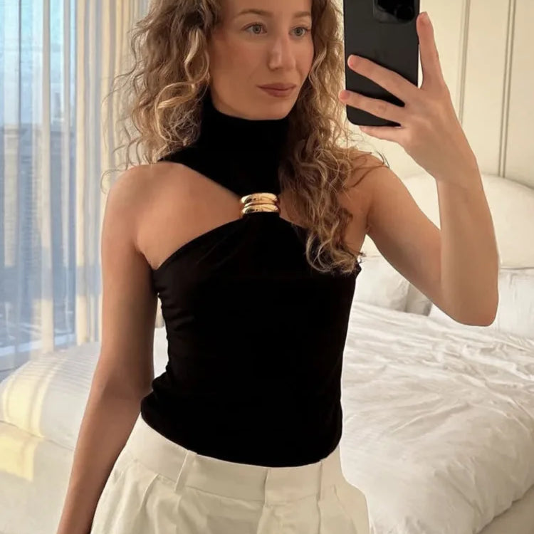 Turtleneck Basic Knit Tank Tops Women Vest Pullovers Metal Ring Camisole Sleeveless Skinny Knitted Tops Y2K Cropped Top