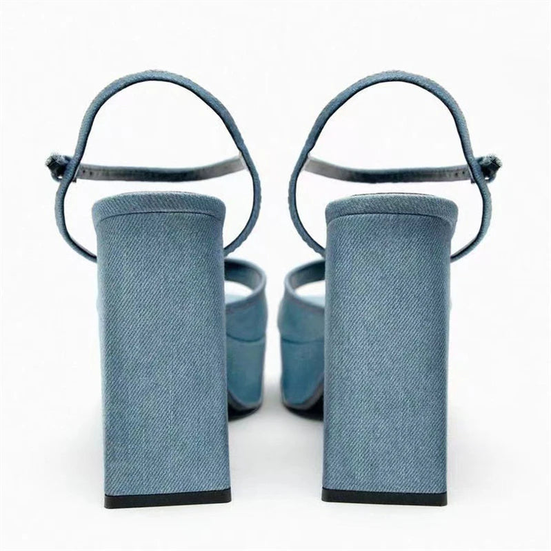 Summer 2024 New Denim Platform Woman Sandals open-toe Square heel Elegant Buckle Strap Ladies Shoes Zapatillas De Mujer