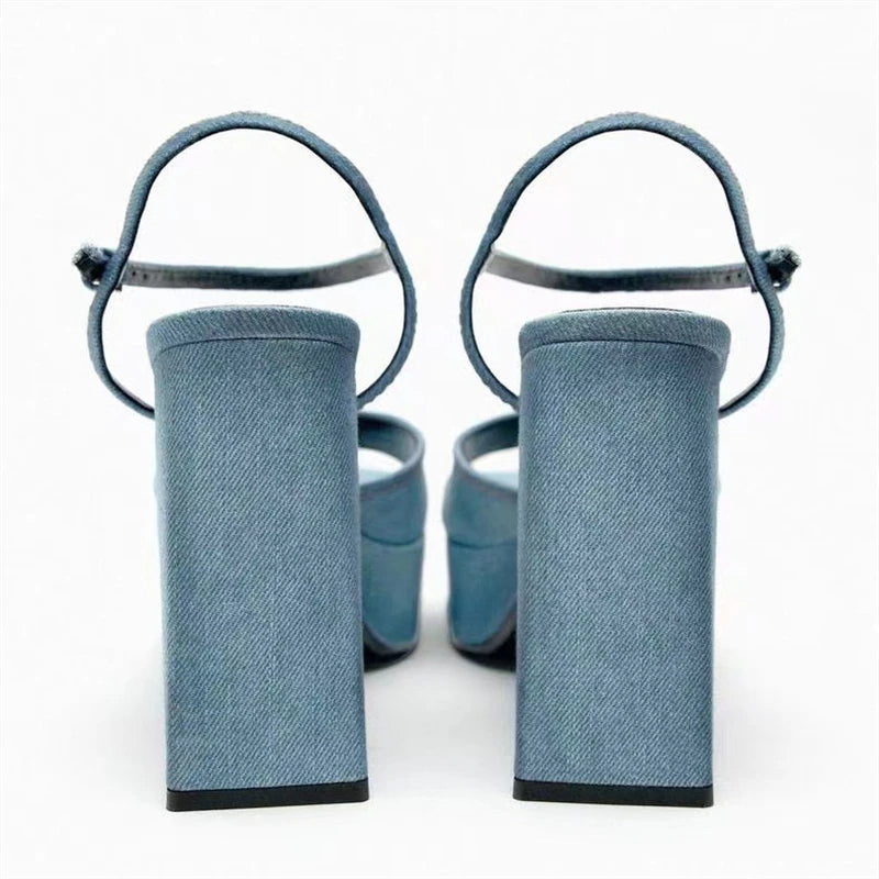 Summer 2024 New Denim Platform Woman Sandals open-toe Square heel Elegant Buckle Strap Ladies Shoes Zapatillas De Mujer