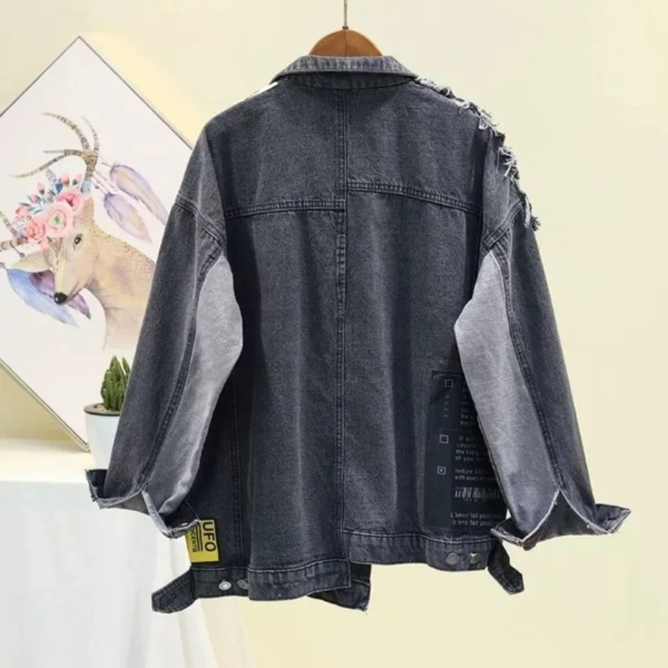 Vintage Full Sleeve Appliques Newspaper Pattern Large Size Black Denim Jacket Leisure Trend Coat Autumn New Jeans Jacket DF4950