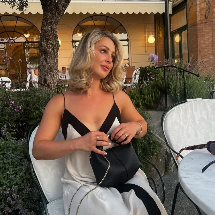 Sexy V-neck Sleeveless Dress Women Patchwork Contrast Color Loose Long Dresses Ladies Summer New Casual Backless Robes