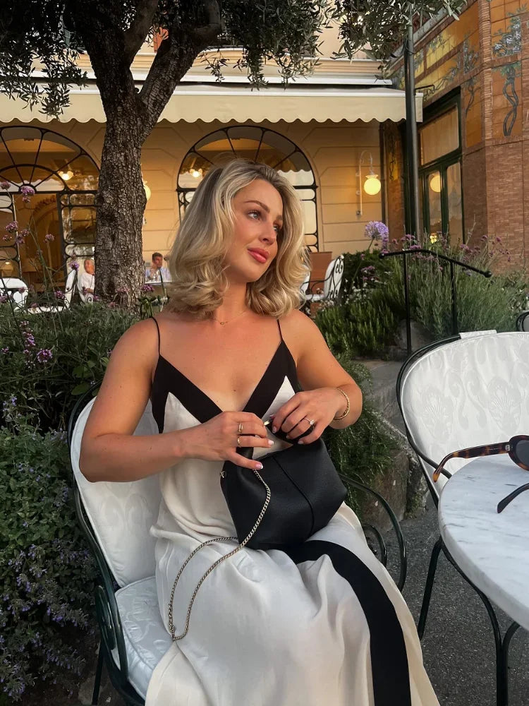 Sexy V-neck Sleeveless Dress Women Patchwork Contrast Color Loose Long Dresses Ladies Summer New Casual Backless Robes