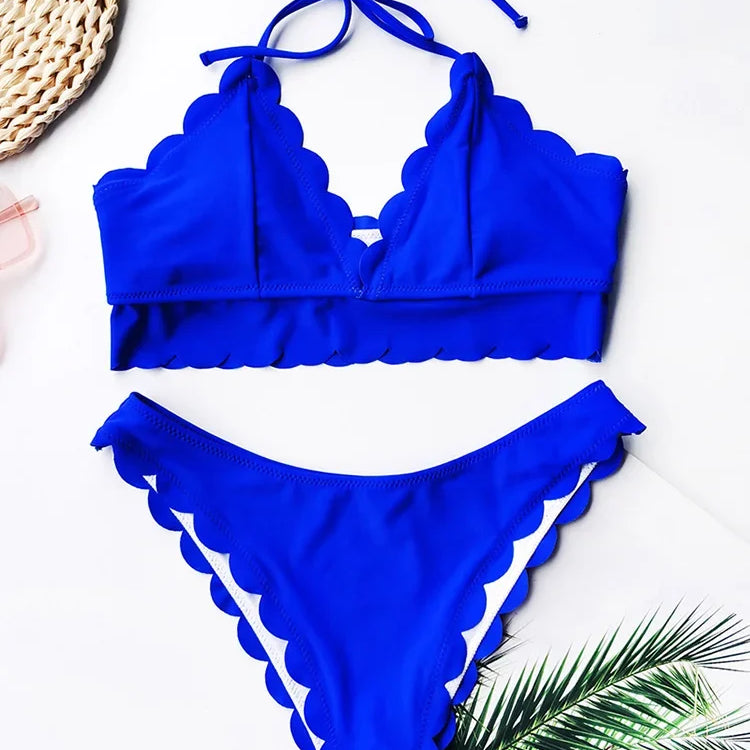 Sexy Scalloped Marble Print Bikini Women Bandeau Swimwear Female Swimsuit Two-pieces Bikini set Knotted Bather Bathing Suit Swim B644Blue