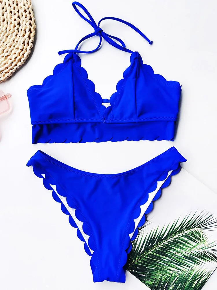 Sexy Scalloped Marble Print Bikini Women Bandeau Swimwear Female Swimsuit Two-pieces Bikini set Knotted Bather Bathing Suit Swim B644Blue