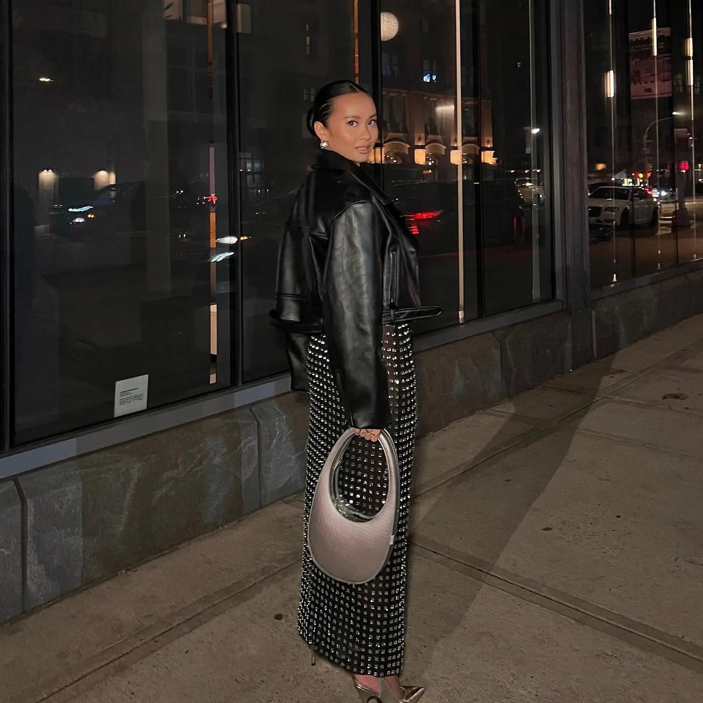 New Arrival Shining Square Diamonds Sexy Mesh See Through Black Long Skirt Fashion Woman High Street Wear Evening Party Outfit