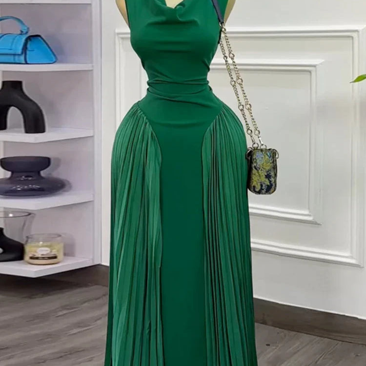 CM.YAYA 2025 Summer Elegant Sleeveless Sweet V-Neck Floor-Length Long Women Dress Beach Party Evening Sexy Pleated Dresses