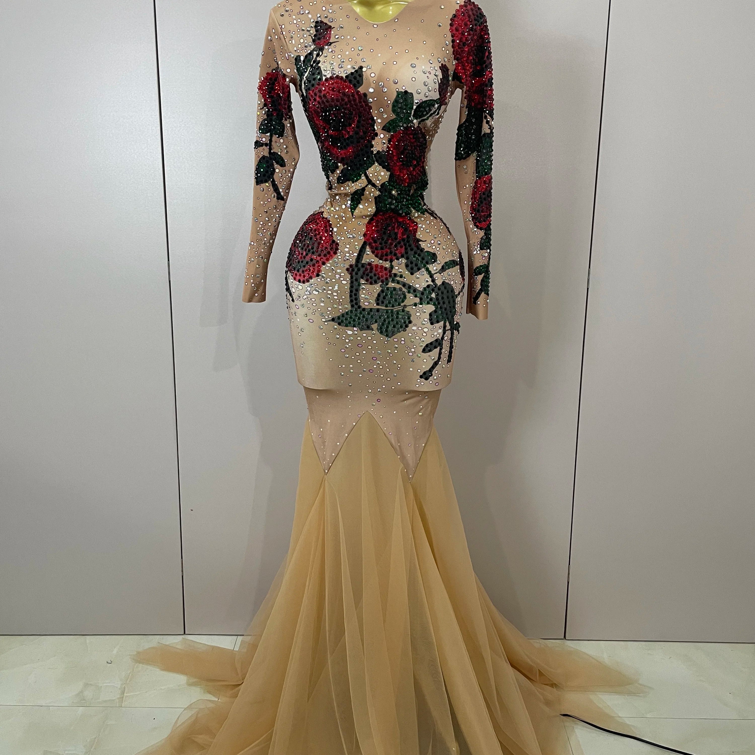 Sexy Shiny Rhinestone Rose Floral Floor-Length Dress Evening Women Eveing Celebrate Birthday Party Nightclub Performance Costume