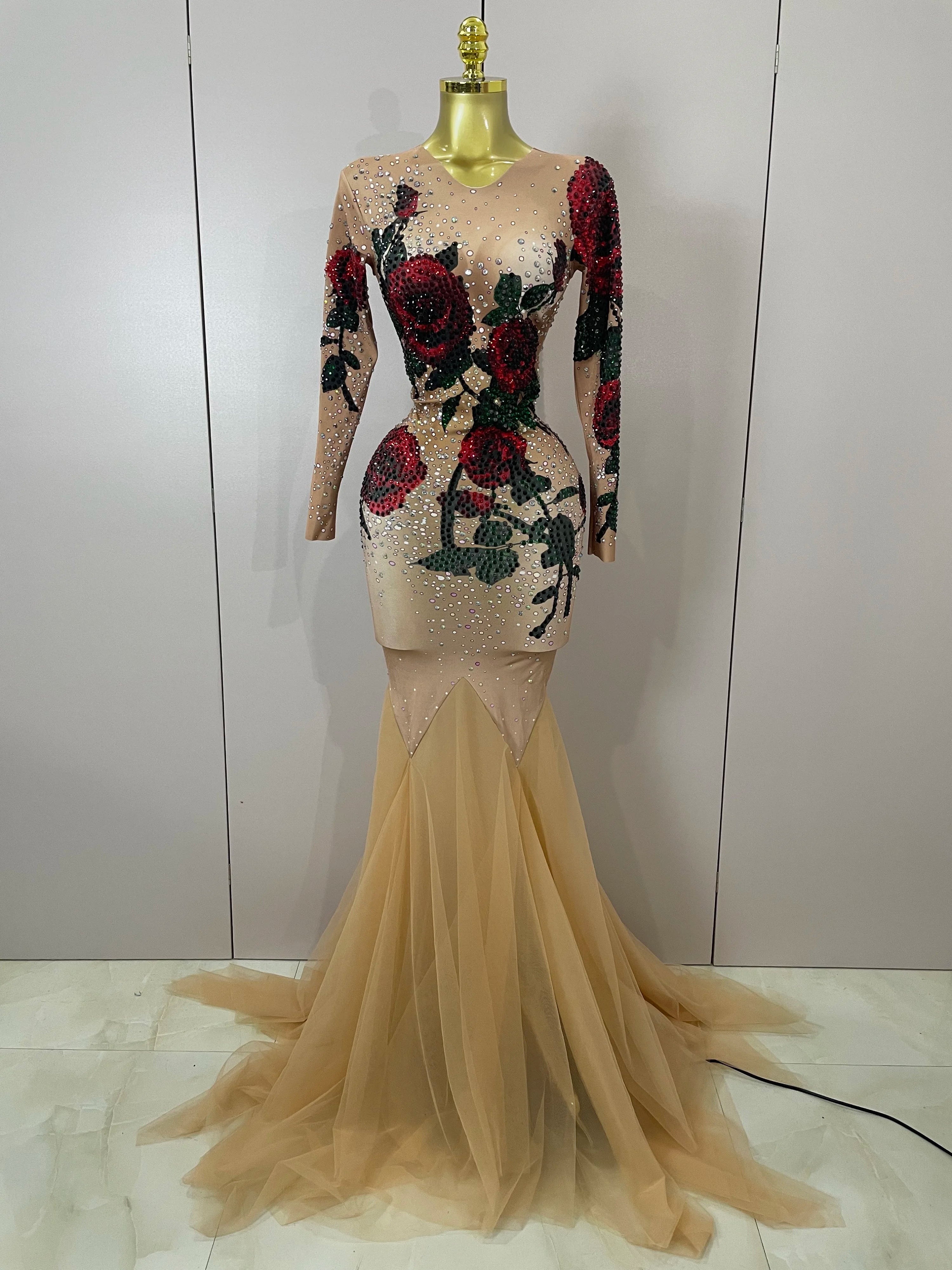 Vestido longo sensual com strass brilhante, floral, rosa, para noite, feminino, comemoração de aniversário, festa, boate, traje de apresentação