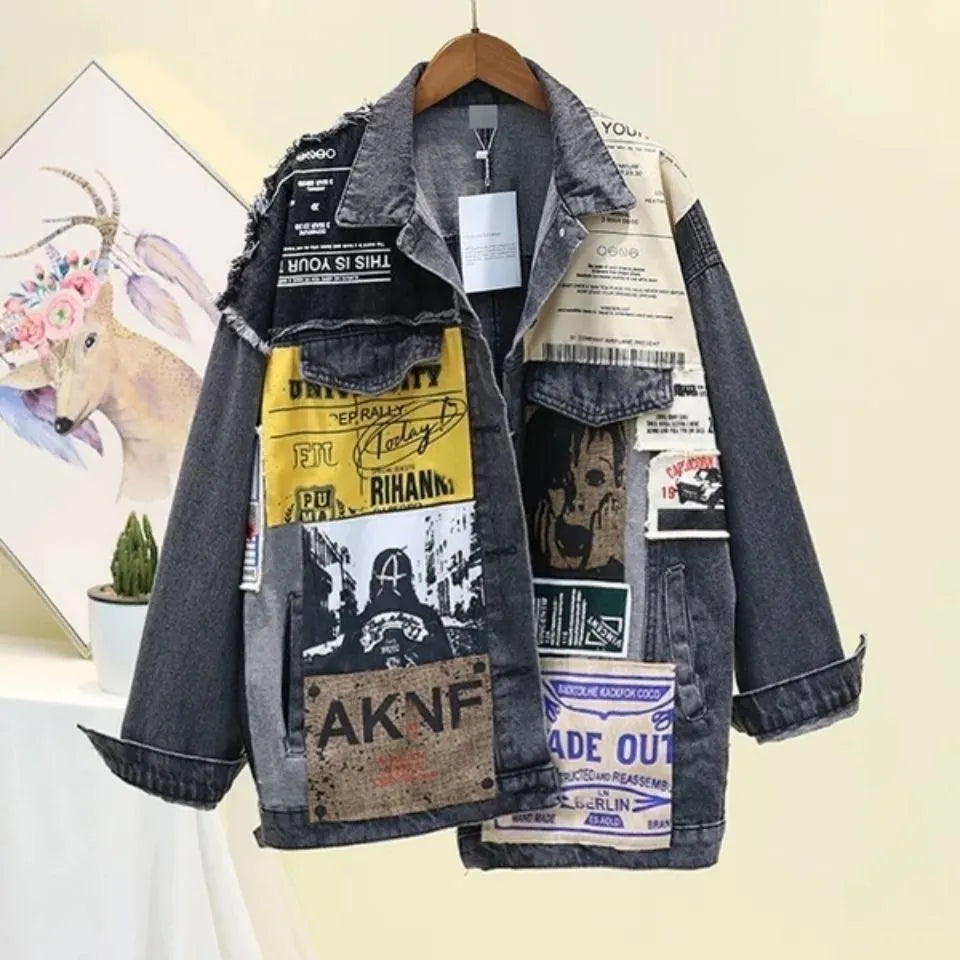 Vintage Full Sleeve Appliques Newspaper Pattern Large Size Black Denim Jacket Leisure Trend Coat Autumn New Jeans Jacket DF4950