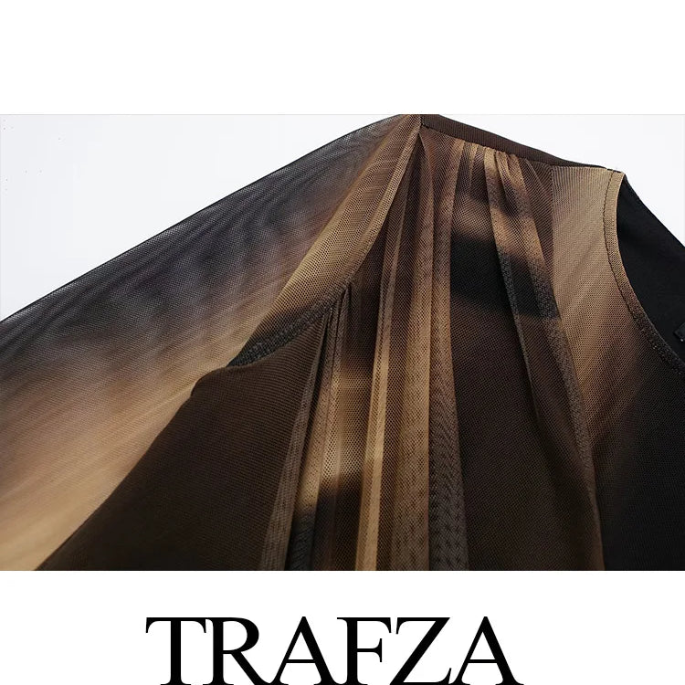 Fashion Women Sexy Mini Dresses O-neck Bodycorn Long Sleeve Pleated Mesh Print Vestidos Female Streetwear Mini Dress