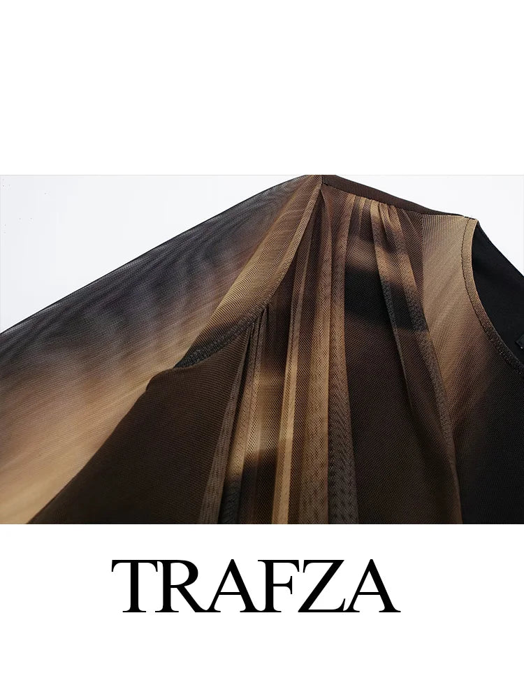 Fashion Women Sexy Mini Dresses O-neck Bodycorn Long Sleeve Pleated Mesh Print Vestidos Female Streetwear Mini Dress