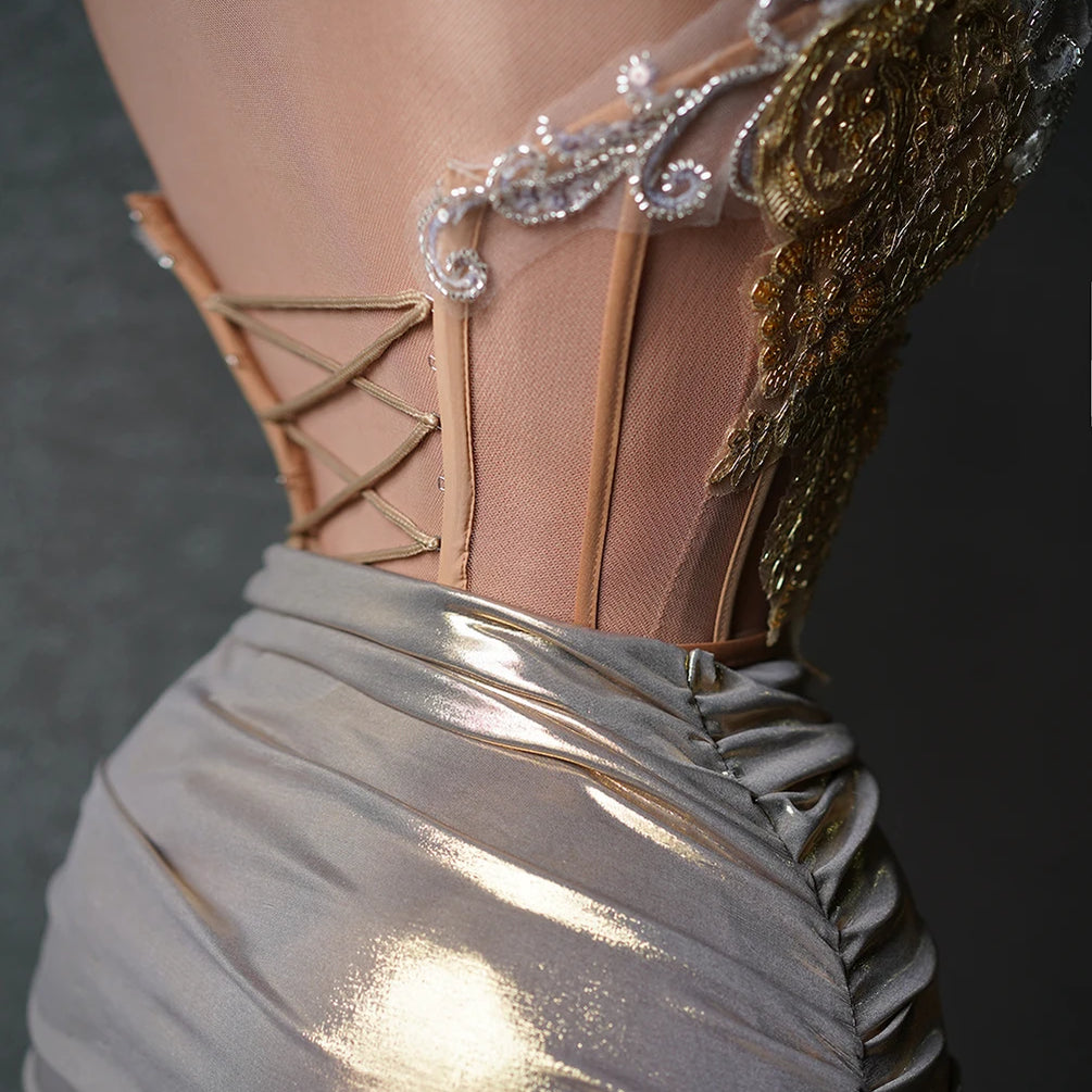 Sparkly Beading Sequins Strapless 2 Pieces Bodycon Mini Dress Fashion Nightclub Party Bar Singer Performance Costume Stage Wear