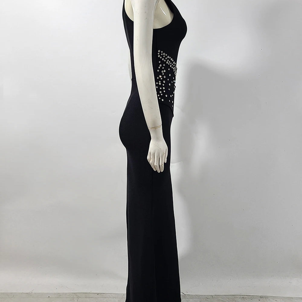 Elegant Black Halter Bandage Maxi Dress with Diamond Bodycon Sleeveless Vestidos Celebrity Party Runway Occasions Evening Gown