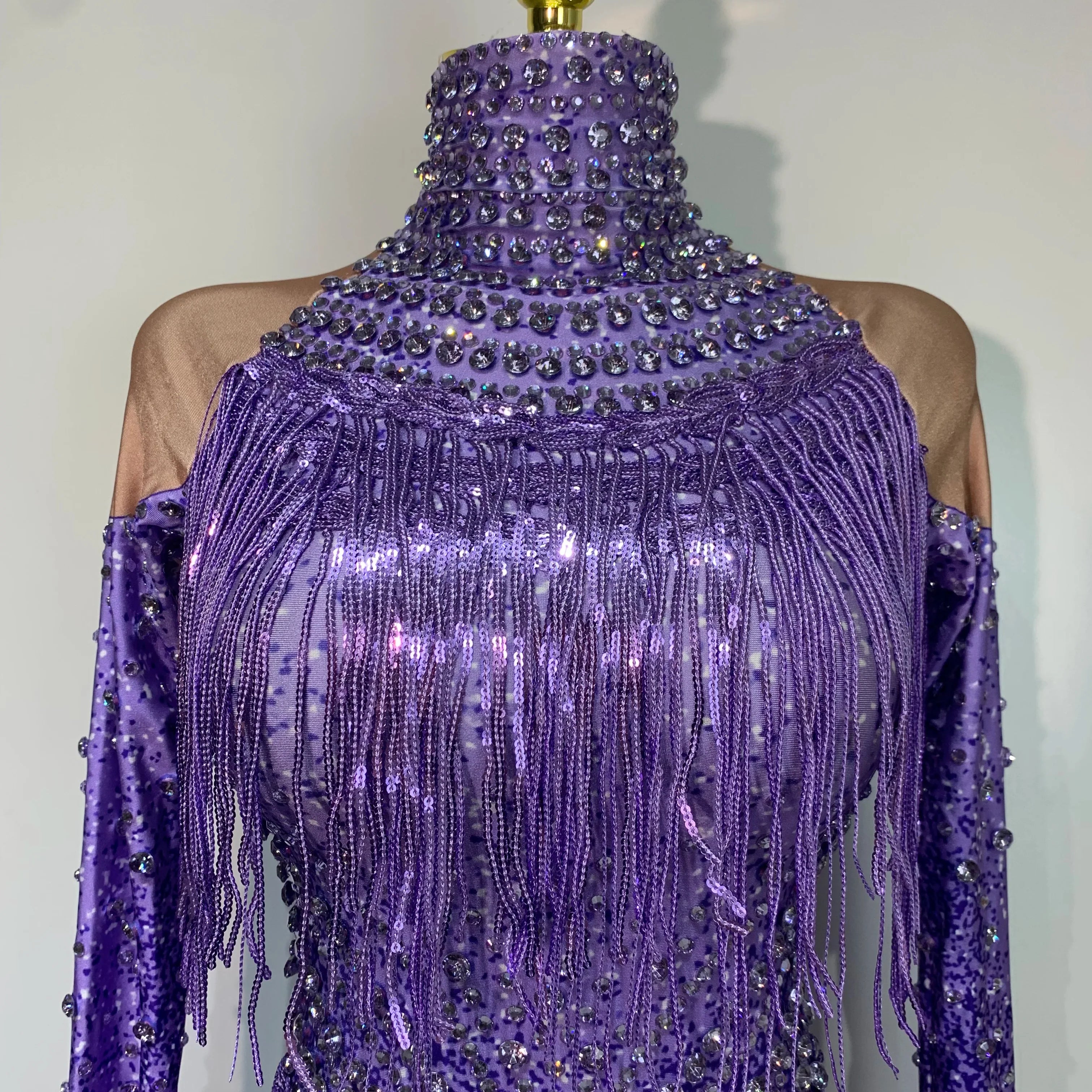 Women Sexy Purple Red Stretchy Long Sleeve Bodysuit Nightclub Singer Dancer Tassel Stage Costume Evening Party Birthday Outfit