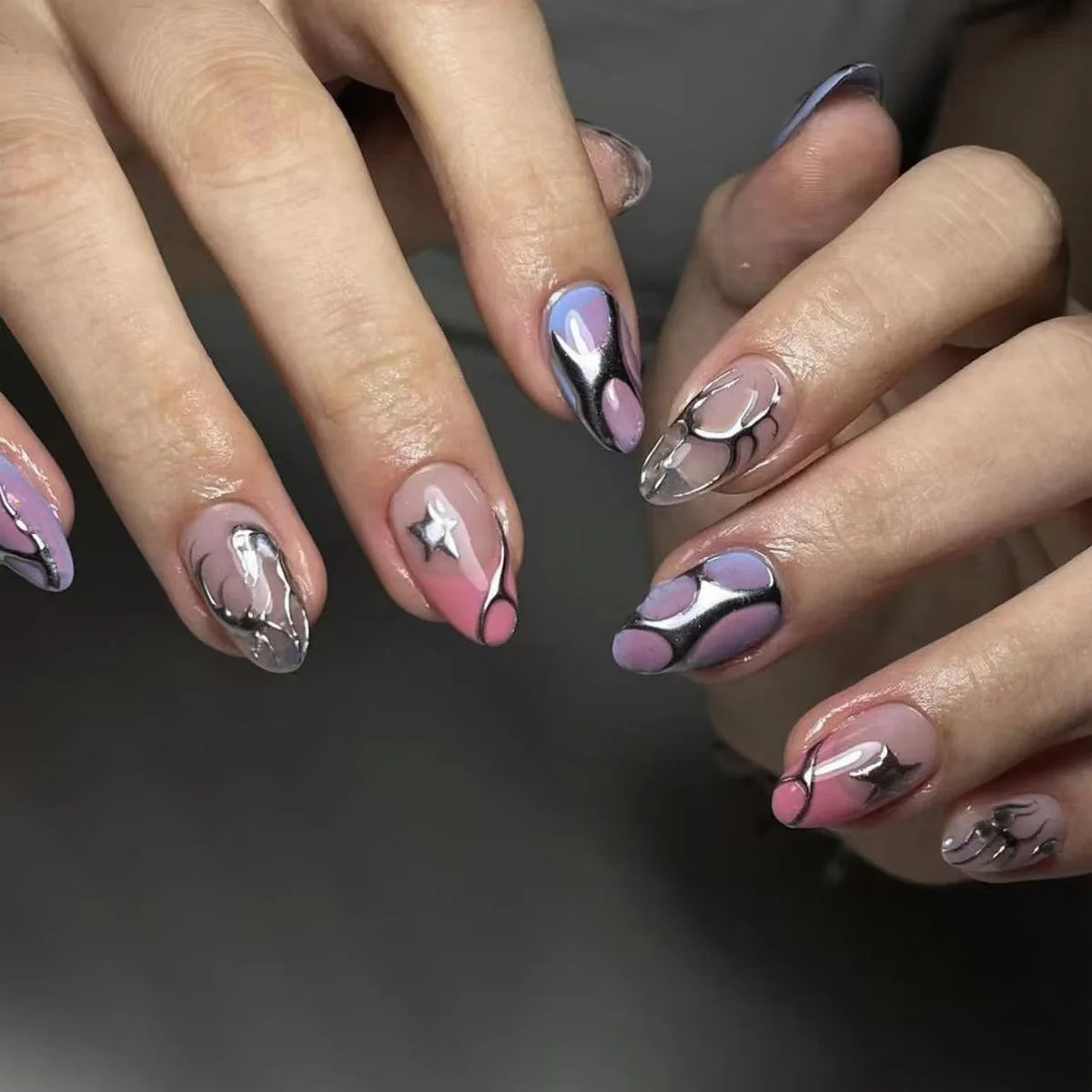 24Pcs Mid-length Almond Fake Nail Pink Blush Cool French Rhinestone Press on Nails with Metal Stripe Wearable Oval Manicure Art