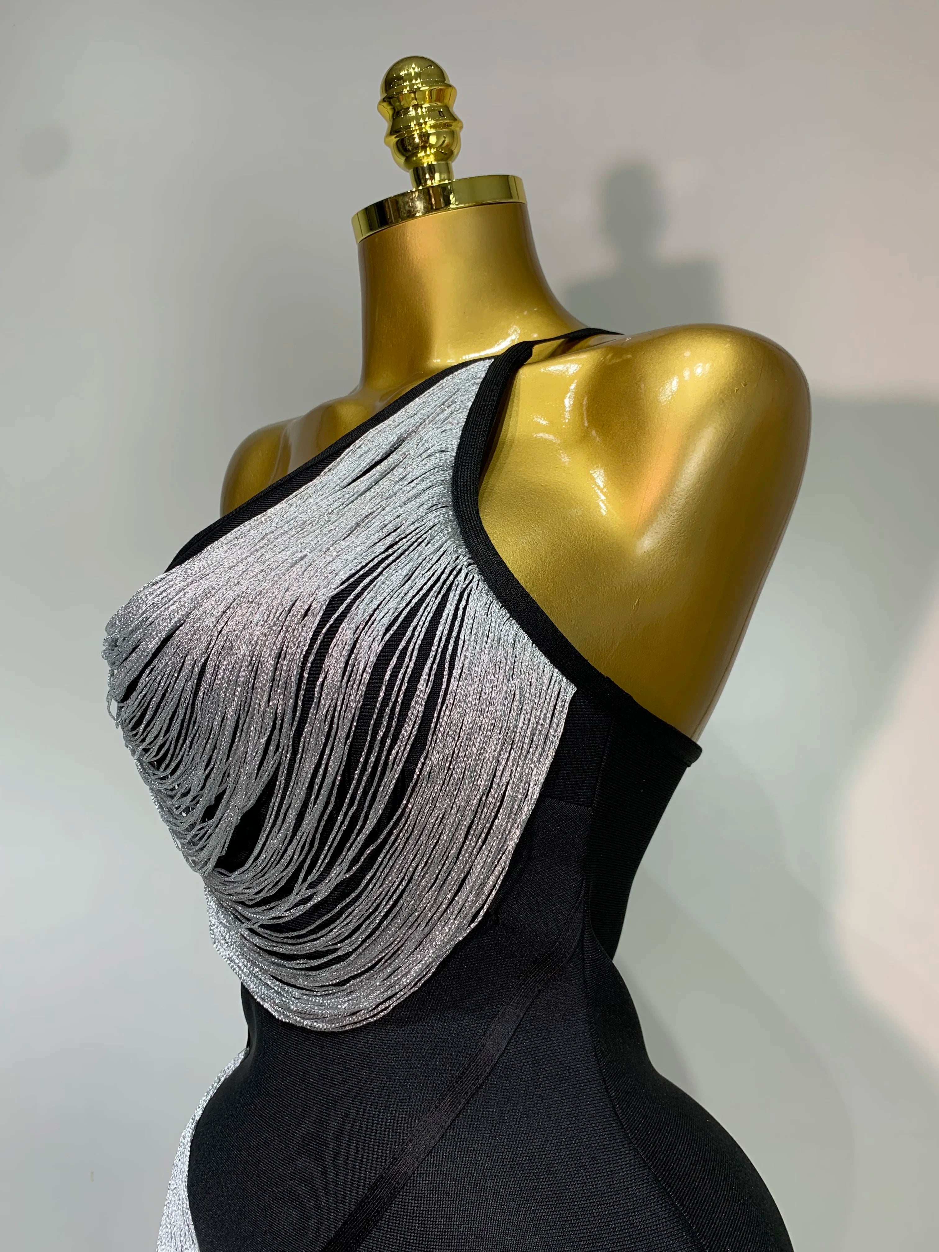 Women Sexy Slanted Collar Silver Tassel Bandage Dress Women Black Sleeveless Bodycon Dresses Evening Party Club Birthday Gowns