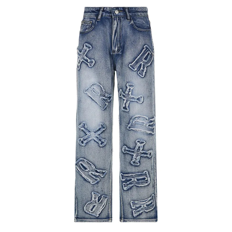 Patchwork Women's Jeans Y2K Streetwear Baggy Straight Cargo Pants Punk High Waist Wide Leg Denim Trousers 90s Vintage Blue