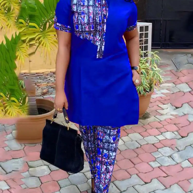 Plus Size VONDA Elegant Women Sets 2024 Office Suits Stand up Short Sleeve Printed Tops Pants Sets Oversized Pants Matching Sets