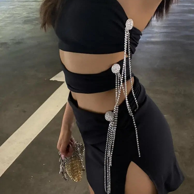 STOCK Hot Sexy Hollow Out Shining Diamonds Long Tassel Strapless Sleeveless Split Mini Dress Hotsweet Lady  Summer Party Vestido