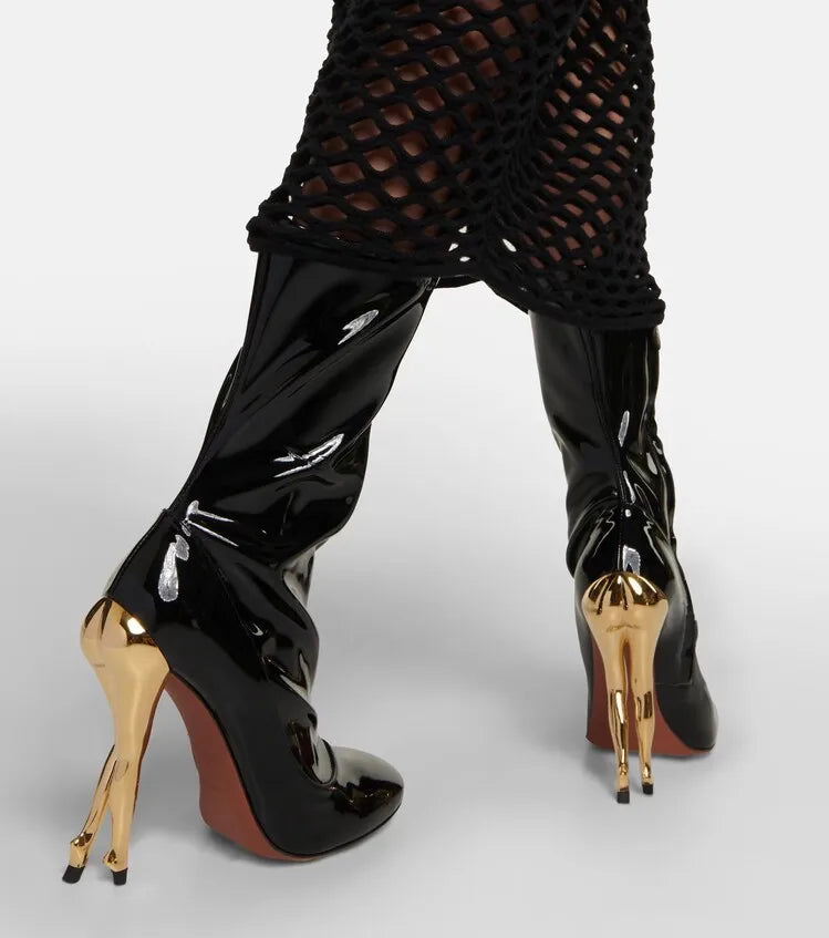 Women's New Lacquer Leather Black Show Irregular High Heel Knee Length Women's Boots Fashion Round Head Side Zipper Party Boots