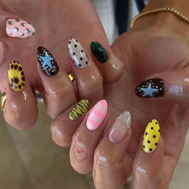 24Pcs Craquelure Blue French Press on False Nails Star Polka Dot Design Full Cover Nails Tips Short Almond Detachable Fake Nails